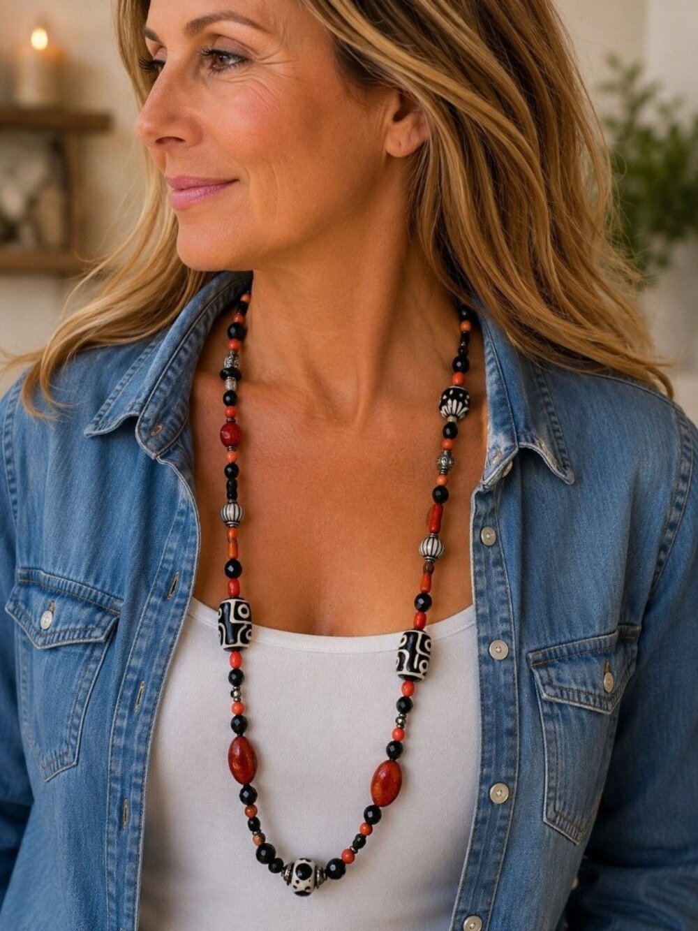 Vintage Tibetan Himalayan Dzi Carnelian Agate Eye Bead Necklace Lampwork 30"